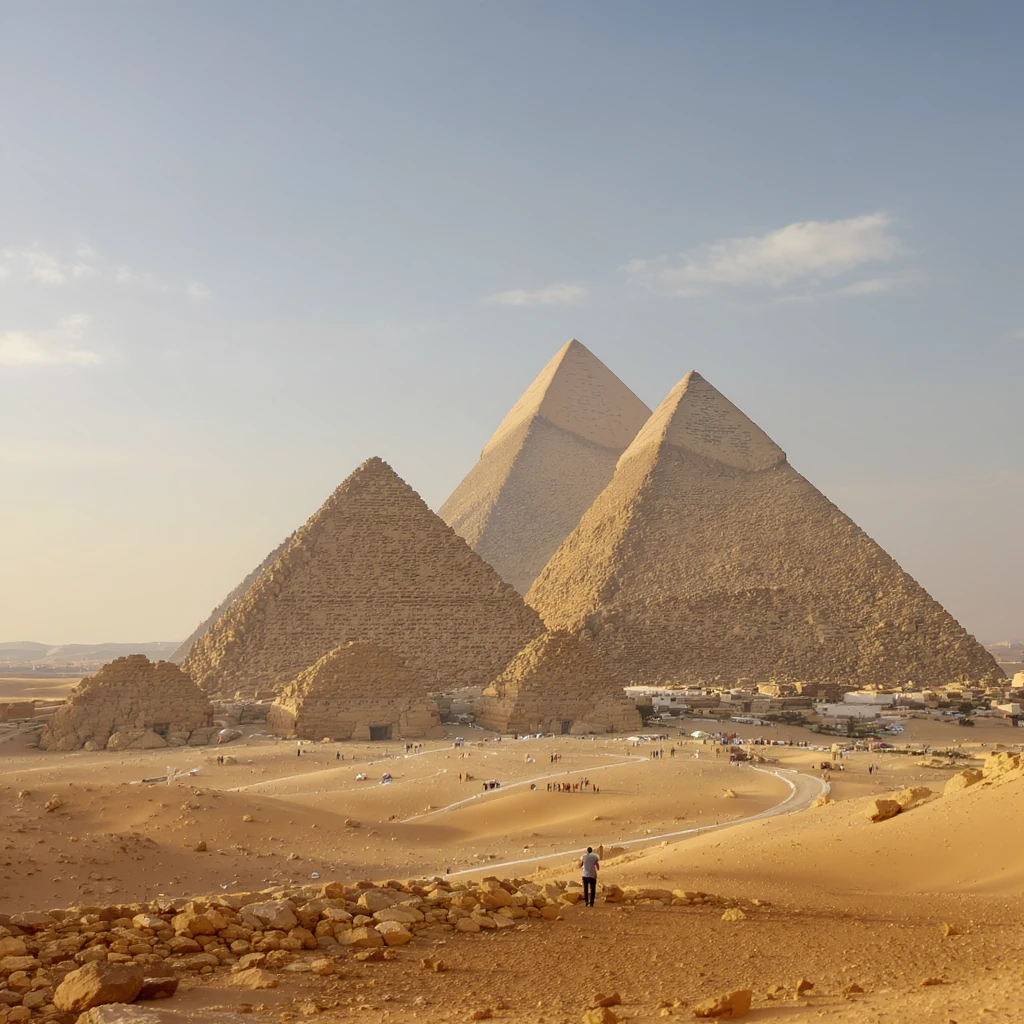 the Pyramids of Giza, realistic style, warm desert colors, clear sky emoji
