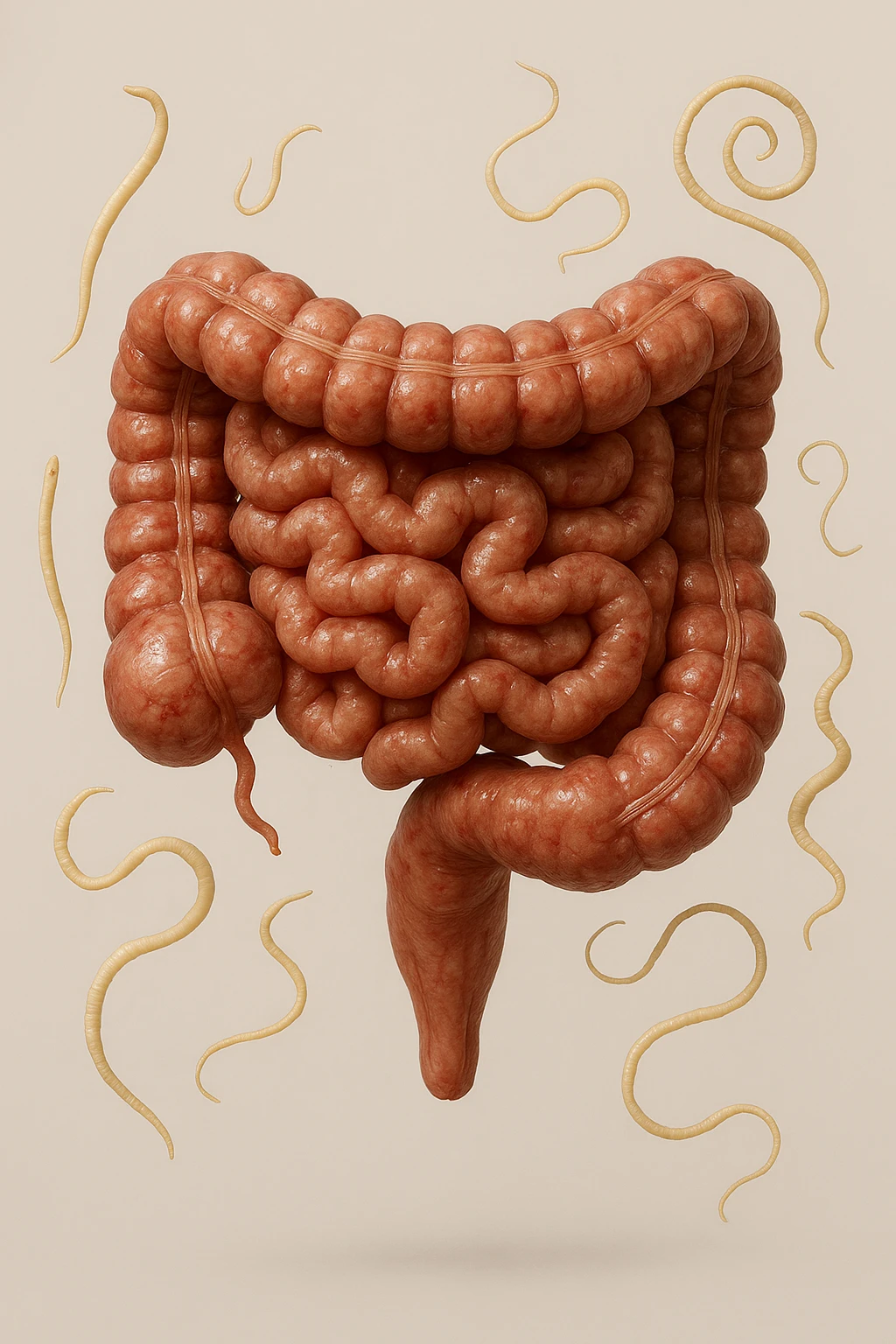 INTESTINO UMANO ANATOMICO REALISTICO FLUTTUA IN ARIA INSIEME A PARASSITI COME LA TENIA, SFONDO CHIARO, iperrealistico 4k emoji