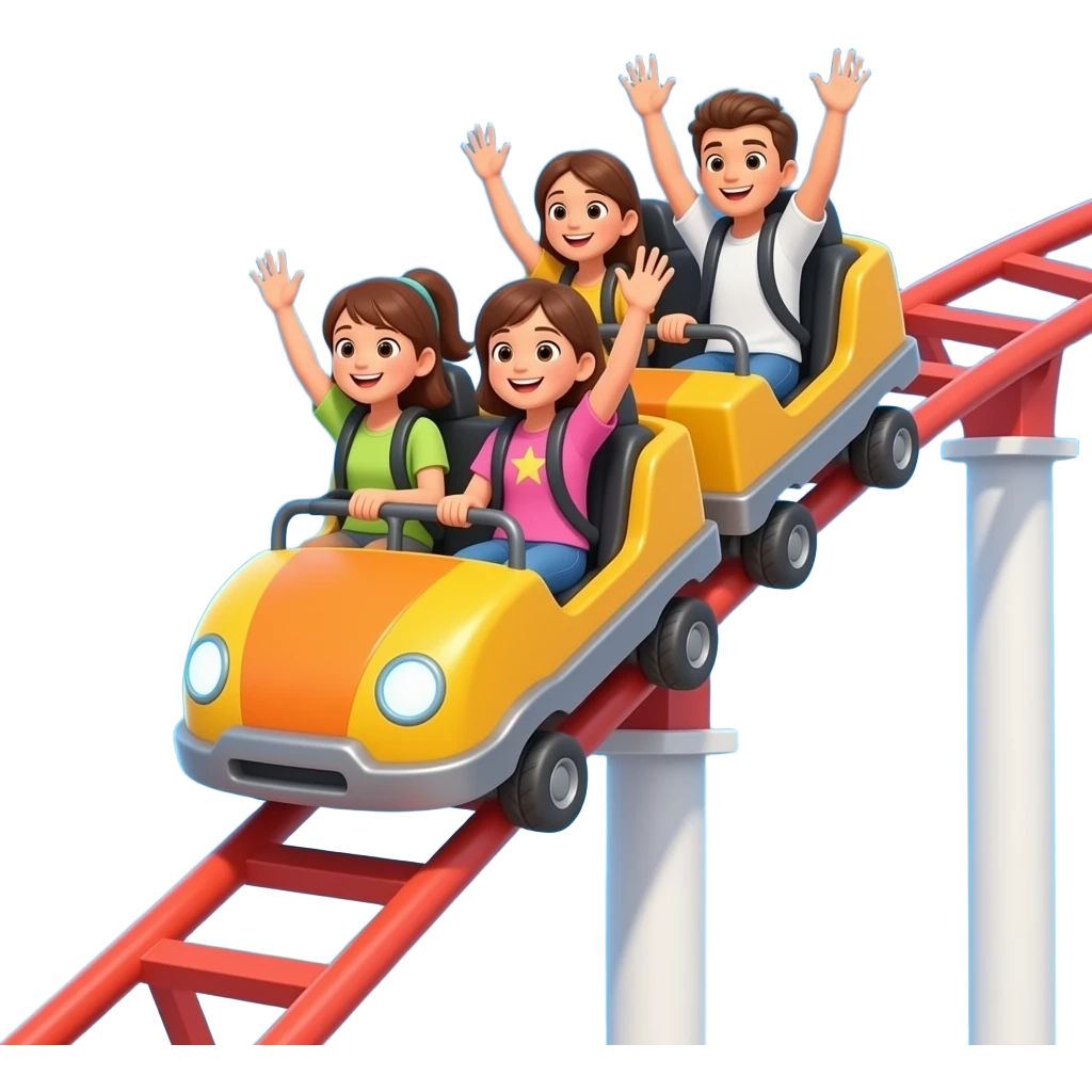 Un wagon de grand huit rempli de jeunes levant les bras, dévalant une pente emoji