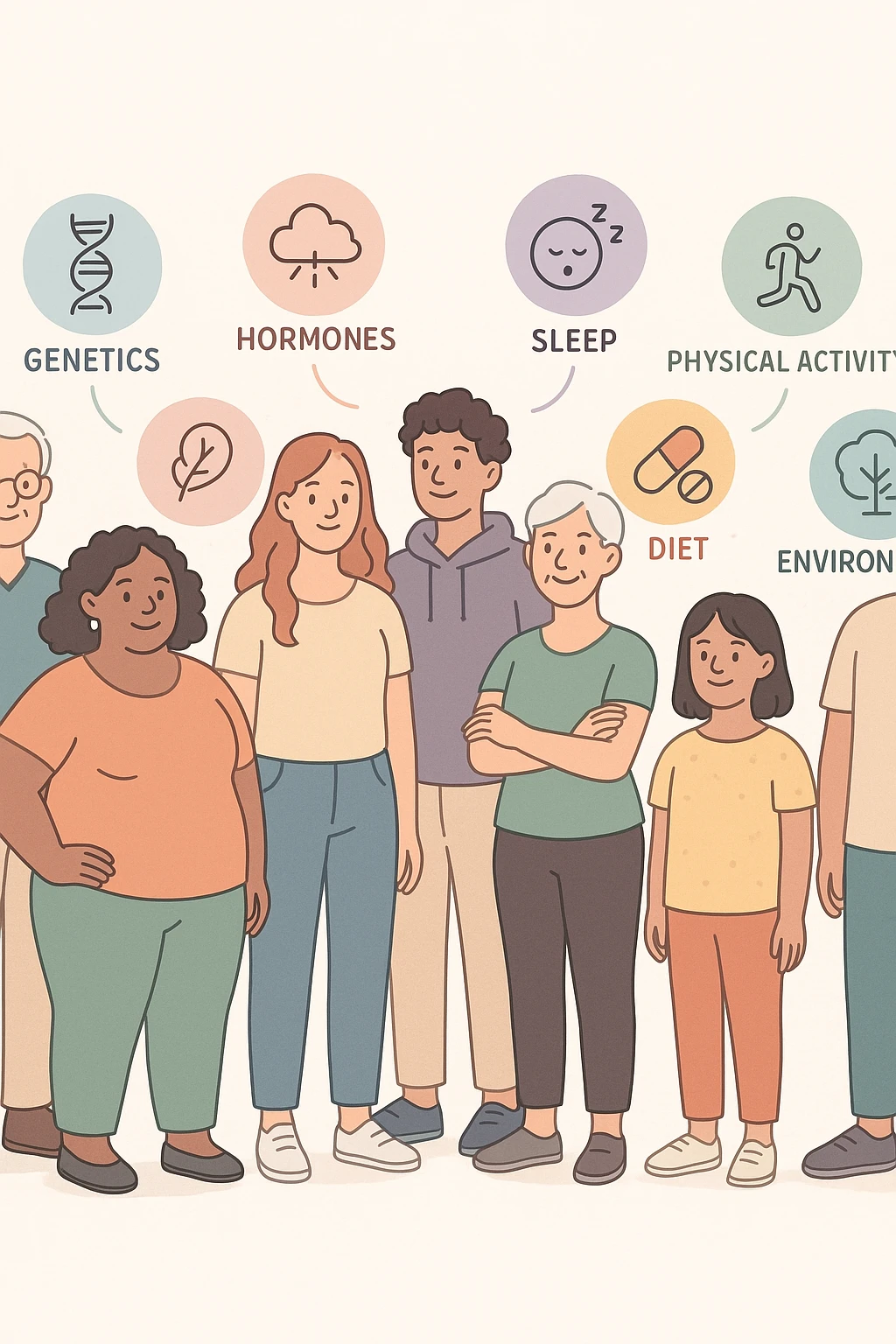 a diverse group of people of different body shapes, sizes, ages, and backgrounds stand together, each surrounded by floating icons representing factors like genetics, hormones, stress, sleep, physical activity, diet, medication, and environment. The mood is inclusive and informative, emphasizing that weight is influenced by many interconnected elements. emoji
