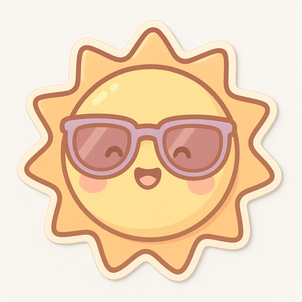 chibi sticker of a cheerful sun wearing sunglasses, pastel colors, cute style, white background emoji