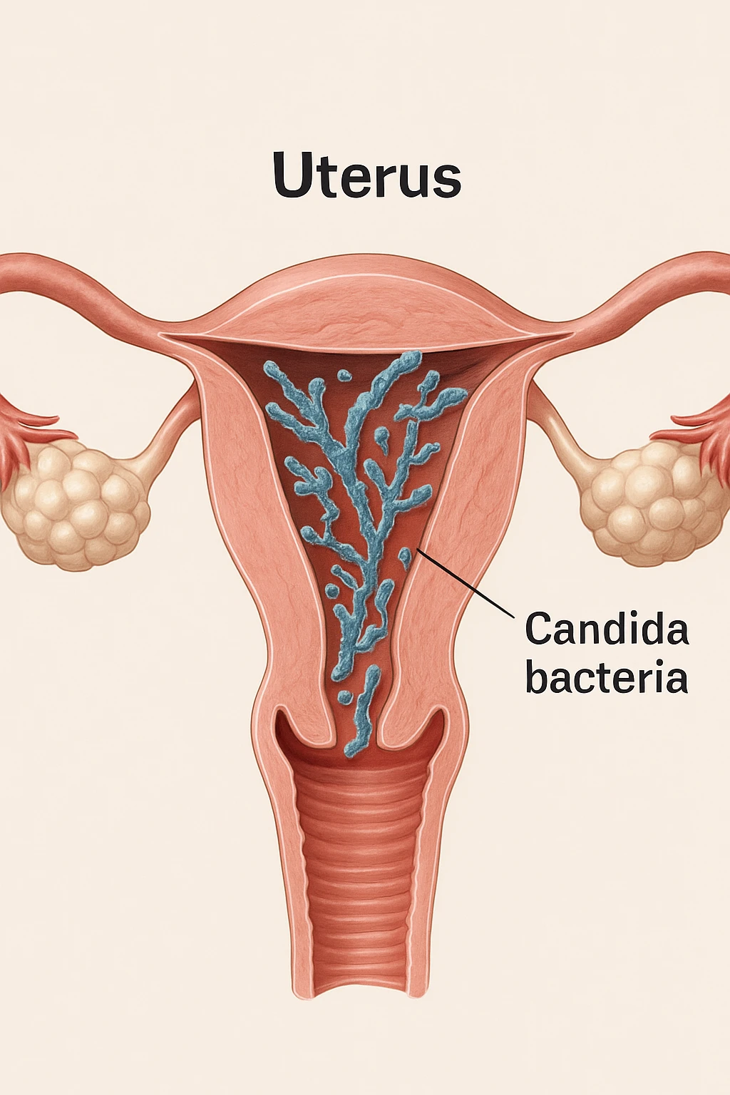 corpo umano anatomico con batteri come la candida nell'utero, sfondo neutro chiaro, iperrealistico 4k emoji
