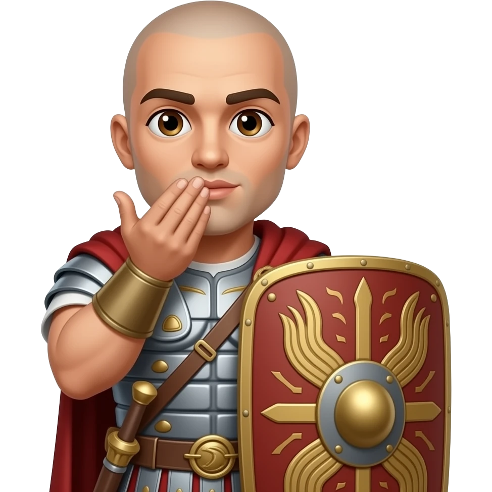 Muscular Roman soldier bald with brown eyes blowing a kiss with hand the Letter E on the shield emoji