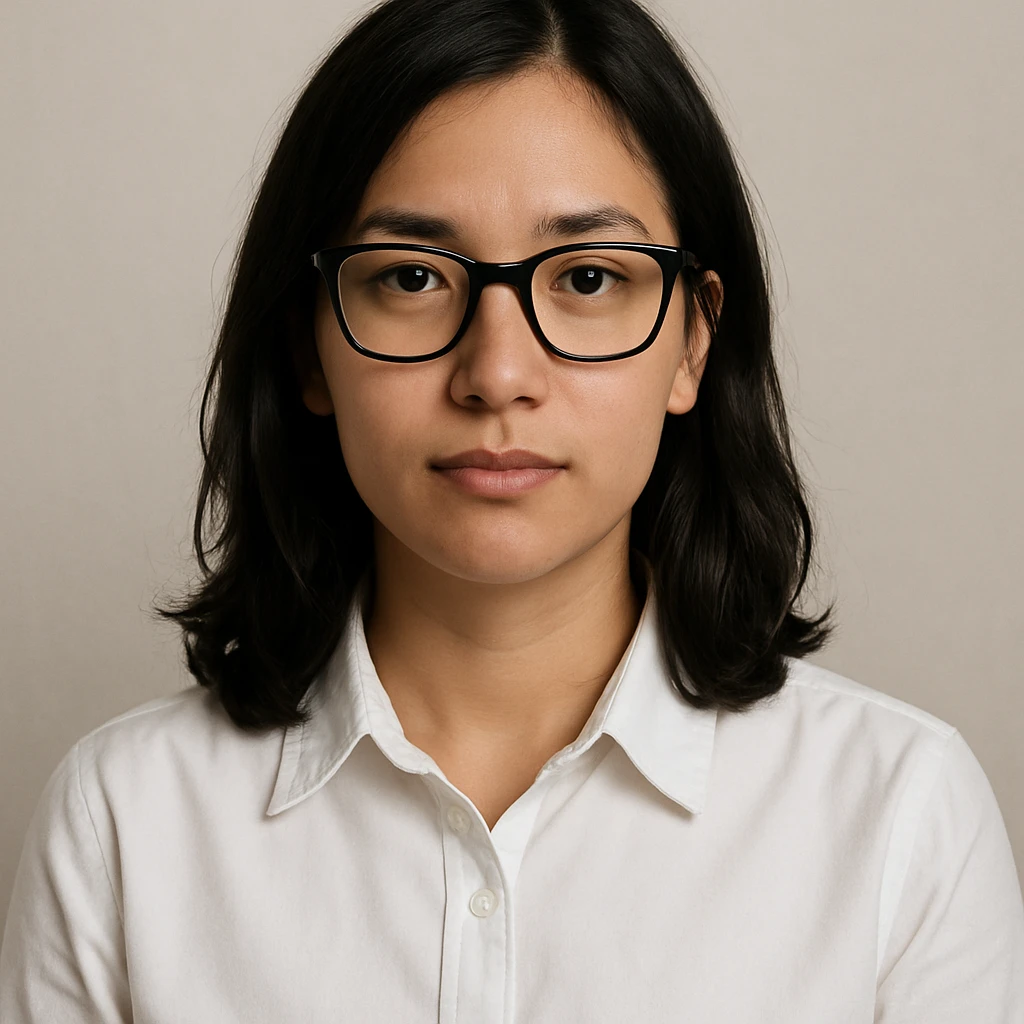 upper body portrait of a medium length black haired girl with black glasses, light tan skin, wearing a white collared shirt, neutral background emoji