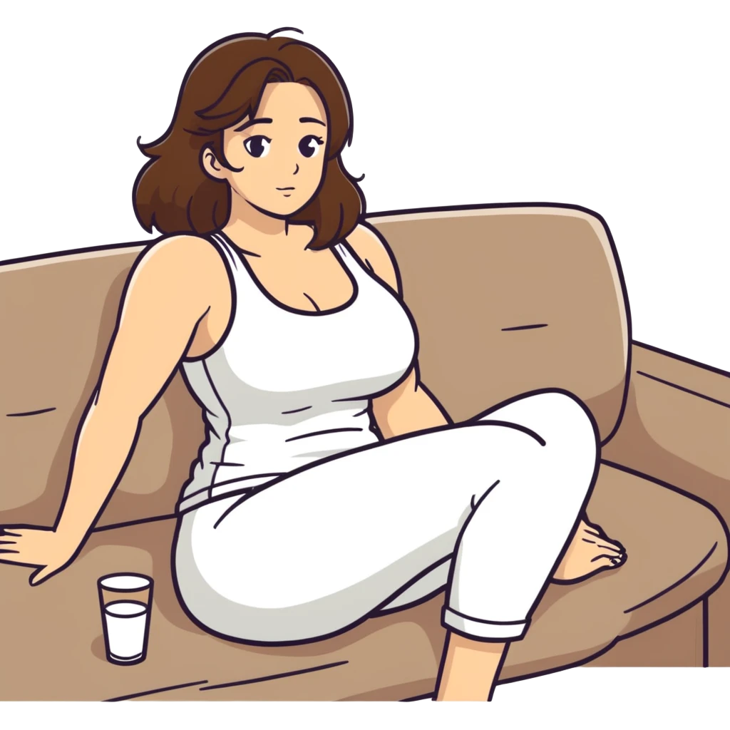  One Caucasia woman with brown hair and big boobs,  a tank top and pants with white fluid between breasts, sitting on couch with bald man smiling emoji