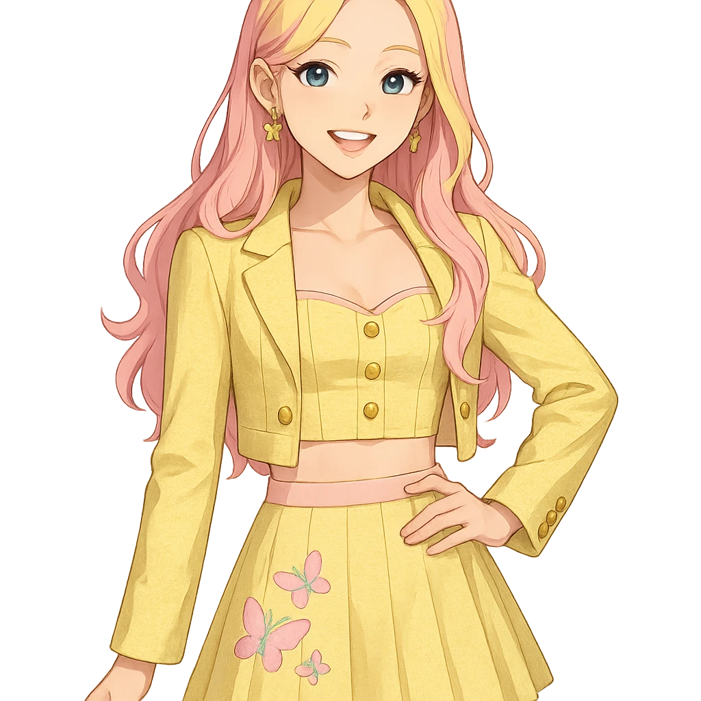 Fluttershy reimagined as a human K-pop idol, standing and smiling, transparent background emoji
