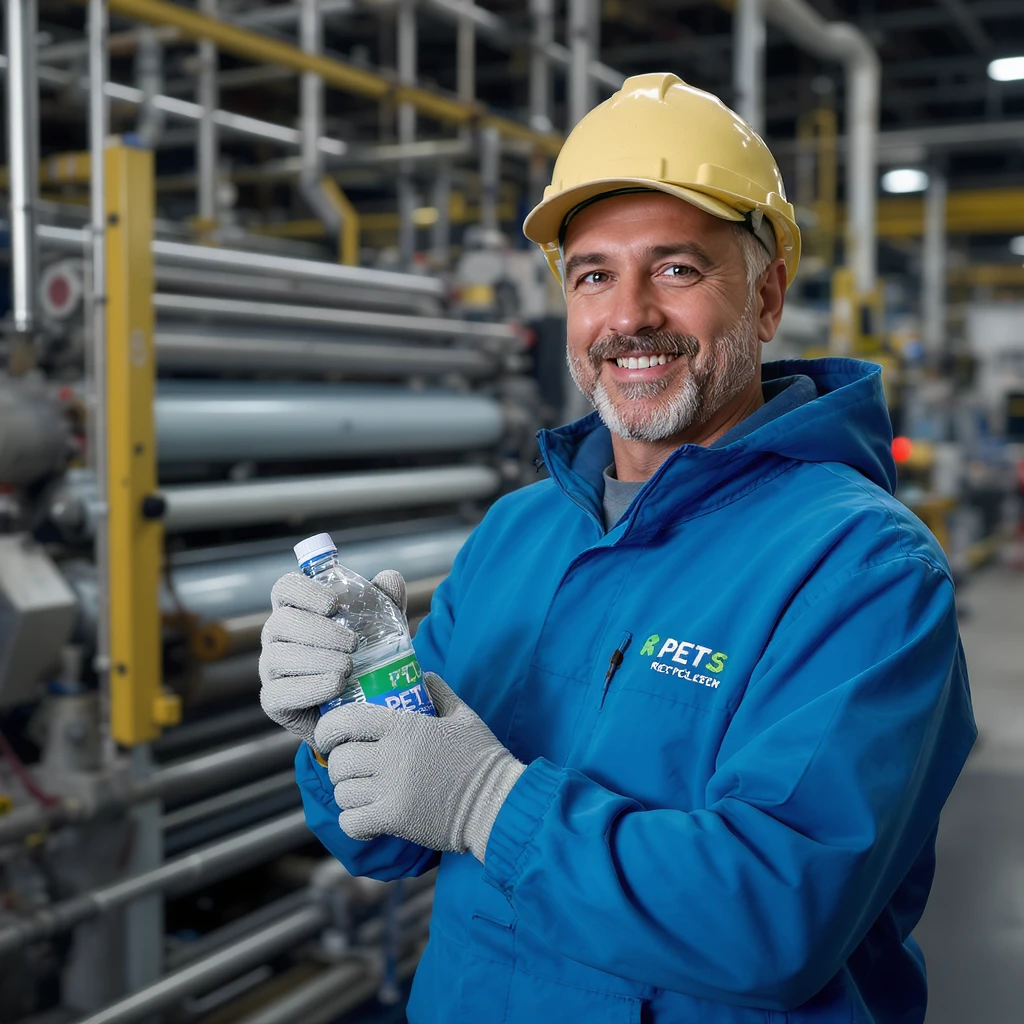 vertical realistic image of industrial process recycling PET plastic bottles into polyester clothes, showing bottles, industrial machinery, finished garments, clear details, professional atmosphere, aspect ratio 2:3 emoji