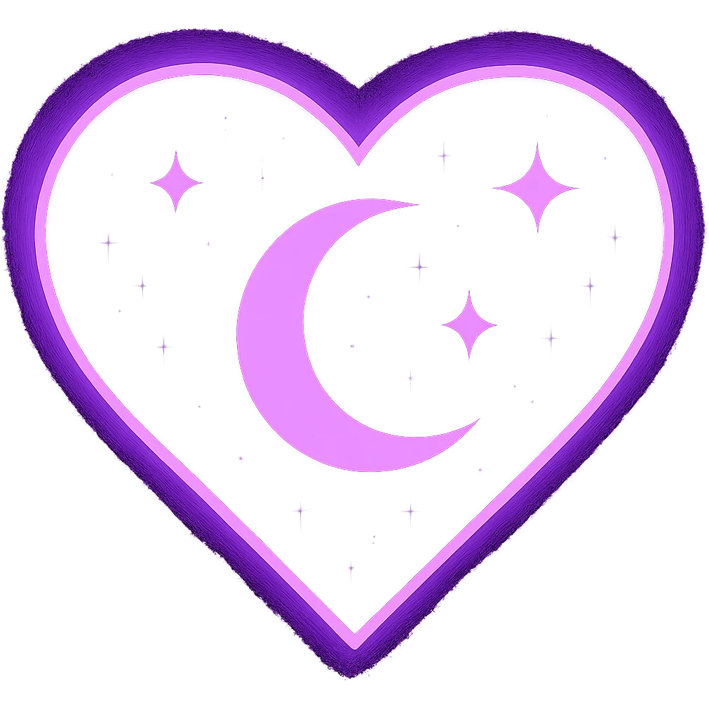 Change the heart with a crescent moon and stars to a purple night theme with a dark purple background, glowing edges, and more stars. Remove the background entirely. emoji