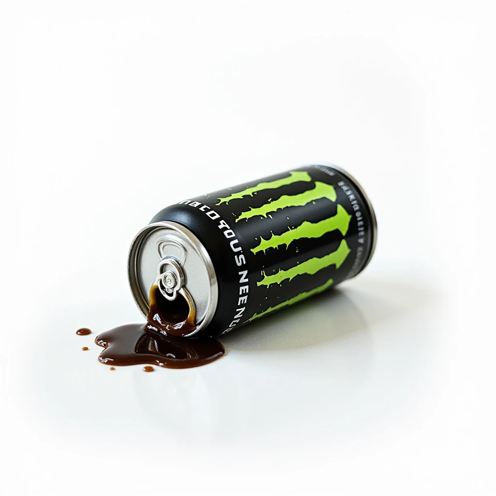photorealistic monster energy drink can tipped over with liquid spilling, neon green branding, on a white background emoji