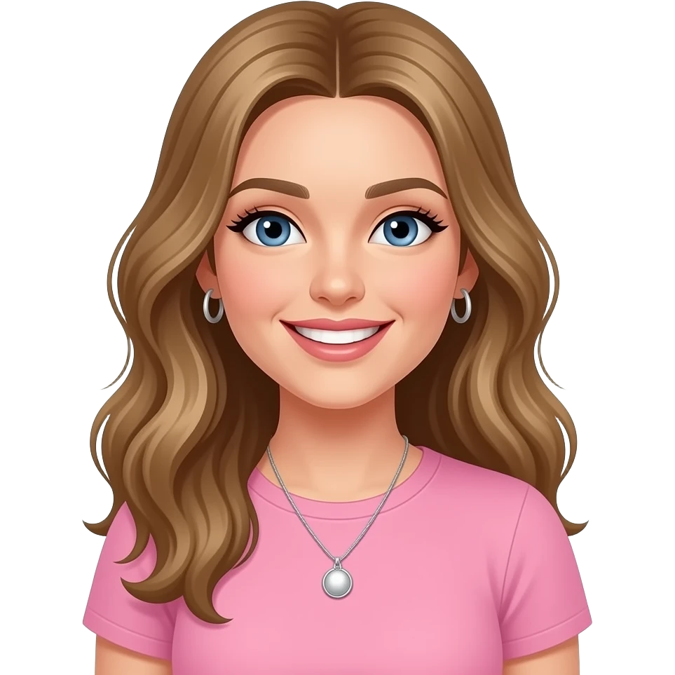 woman, blue eyes, late twenties, mousey blonde hair, long wavy hair with middle parting, baby pink t shirt, silver pendant necklace, small silver hoop earrings, long eyelashes, smile with teeth emoji