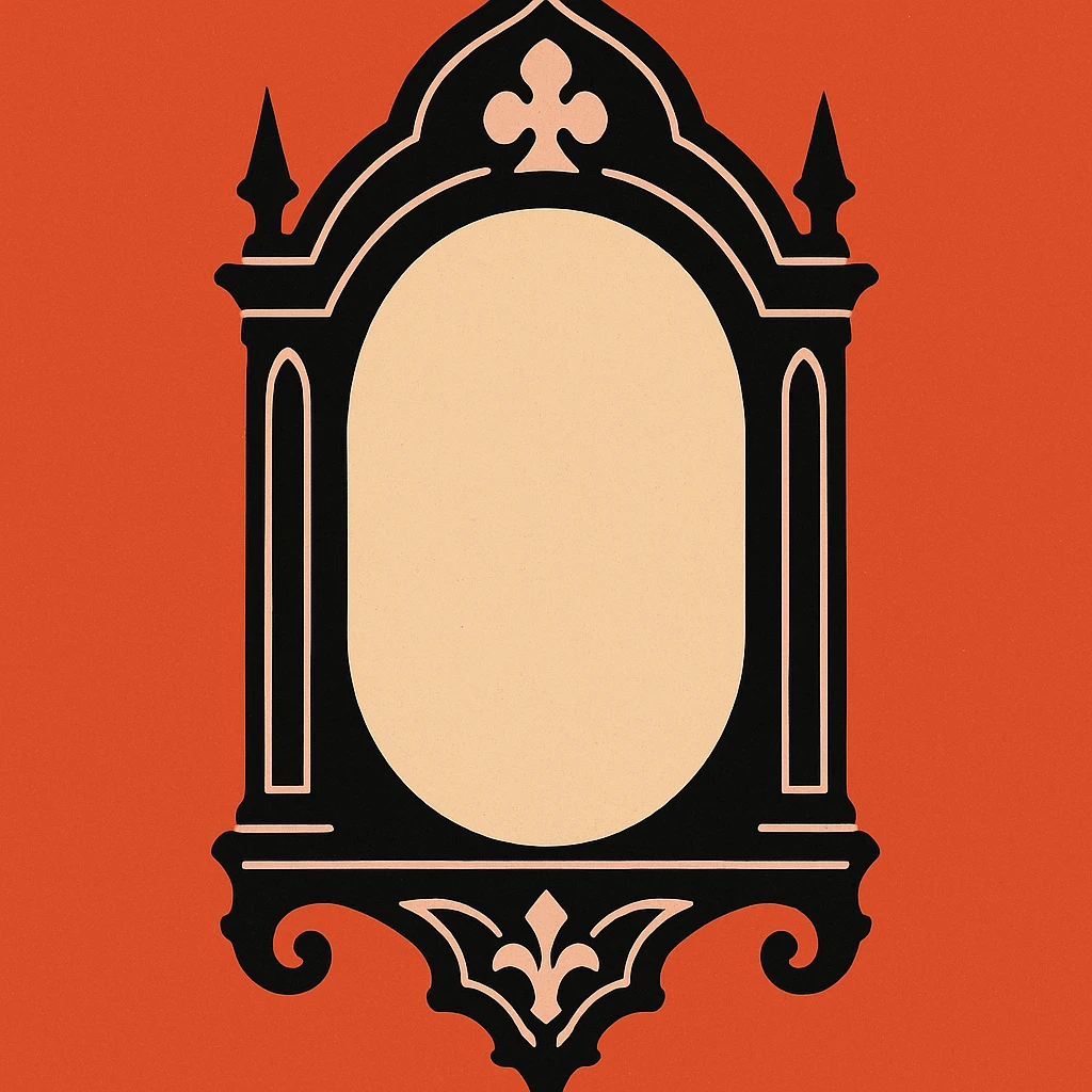 a gothic mirror with black frame and pink accents, intricate gothic details emoji