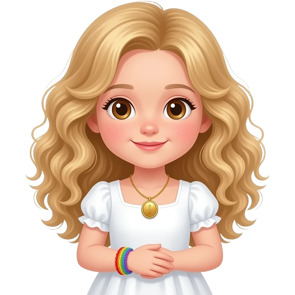 little girl with pale skin, pink cheeks, warm blond waist length ringlets, very very long curly hair spilling over shoulders, big brown eyes, dimples, white dress, small golden locket , and a rainbow crocheted bracelet on her wrist. emoji