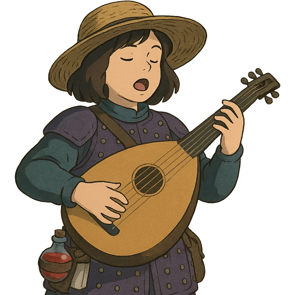 A female bard wearing brigandine armor with a sturdy straw hat, playing a fat medieval lute and singing, night time shadows, tool belt with red potion and bandages, portrait  emoji