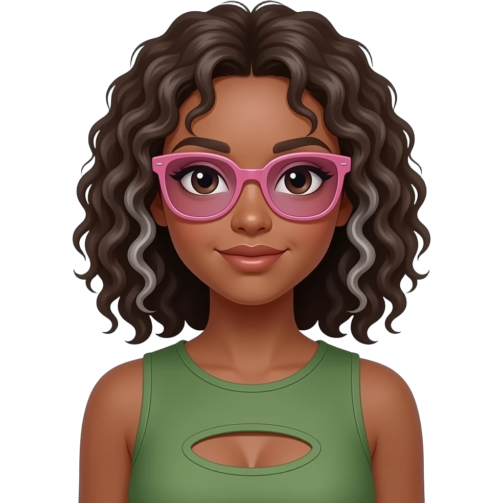 Chica con tono de piel canela de cabello rizado a los hombros con varias canas con top verde olivo escotado sin mangas y con lentes graduales rosas para usar como emoji de WhatsApp emoji