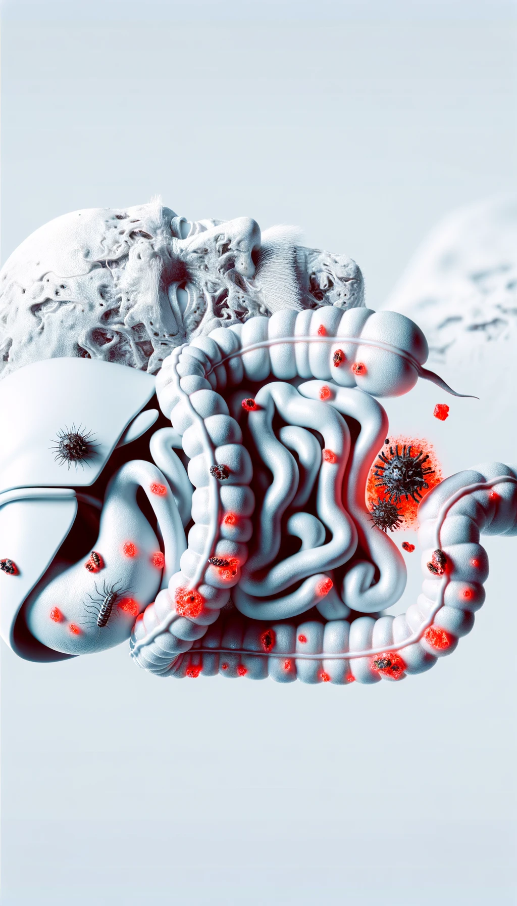 corpo umano anatomico con parassiti nell'intestino e red spot di infiammazione sparsi sul corpo, espressione di dolore in volto, iperrealistico 4k , sfondo bianco emoji