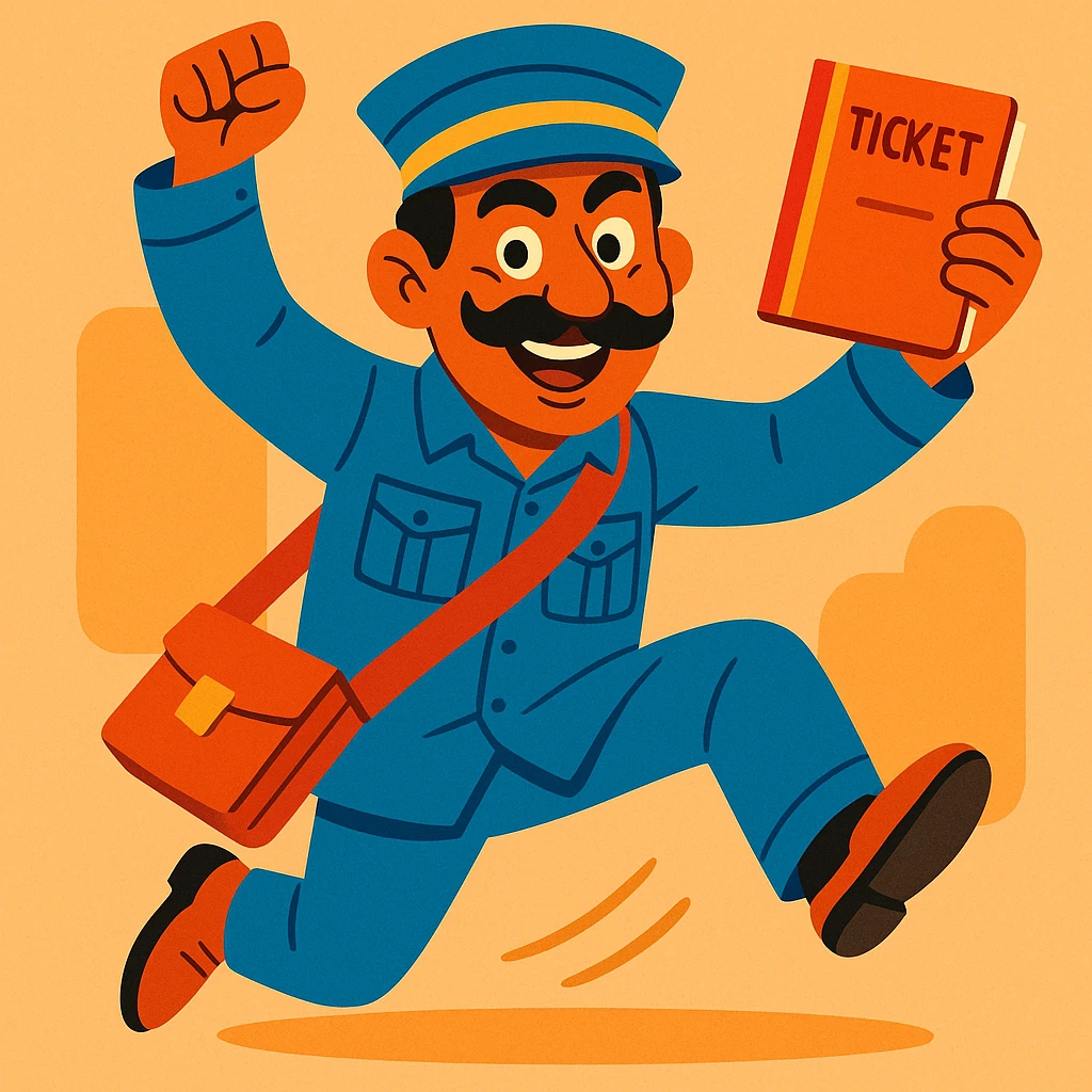 Pakistani bus conductor in traditional uniform, energetic pose, mustache, holding ticket book, vibrant colors, expressive face, South Asian features, simple background emoji