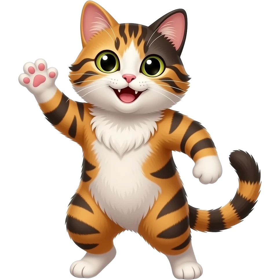 smiling long haired calico cat dancing and waving emoji