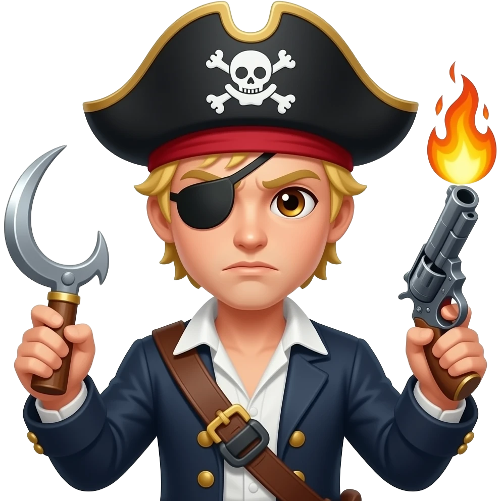 Pirata rubio, ojos cafés, parche en el ojo, gorro garfio con cerveza hombre pelo corto y sin barba con cara sería  ahora en vez de cerveza qué tenga un garfio en una mano y en la otra una pistola de mecha pelo corto emoji