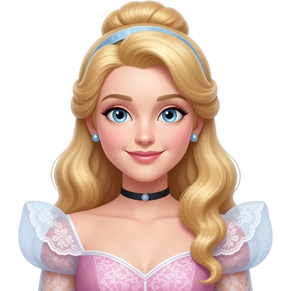 Cinematic Realistic Cinderella Portrait, depicted with lifelike skin texture, subtle rosy undertones, emoji