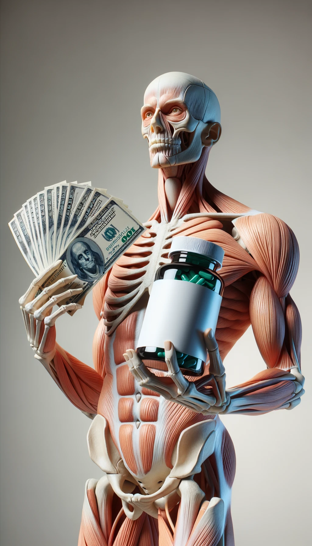corpo umano anatomico che tiene nella mano destra una boccetta di integratore e nella mano sinistra delle banconote, sfondo neutro chiaro emoji