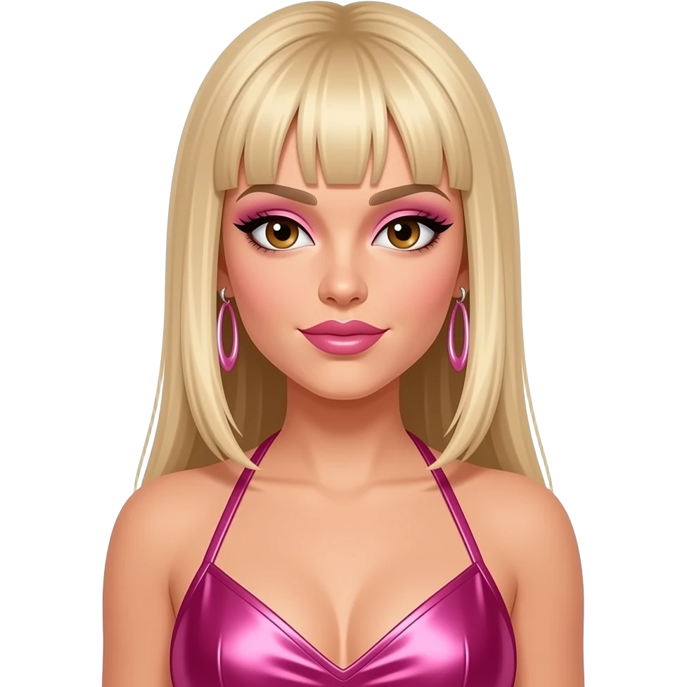 Ashley Roberts from The Pussycat Dolls with brown eyes, long blonde 2000s straight bang hair, pink eyeshadow and lipstick, hot pink metallic halter dress, earrings emoji