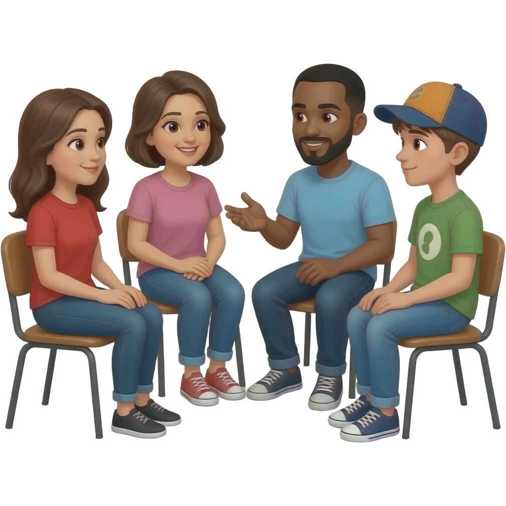 grupo de personas sentado en ronda hablando. que este integrado por una señora joven de 35 años vestida con pantalon y remera roja,comunicandose con una mama, un papa moreno y un adolescente con gorra emoji