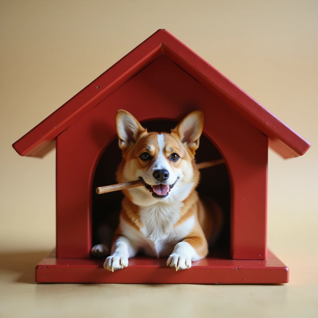 realistic red dog house with a Corgi dog inside, Corgi with a stick, photorealistic style emoji