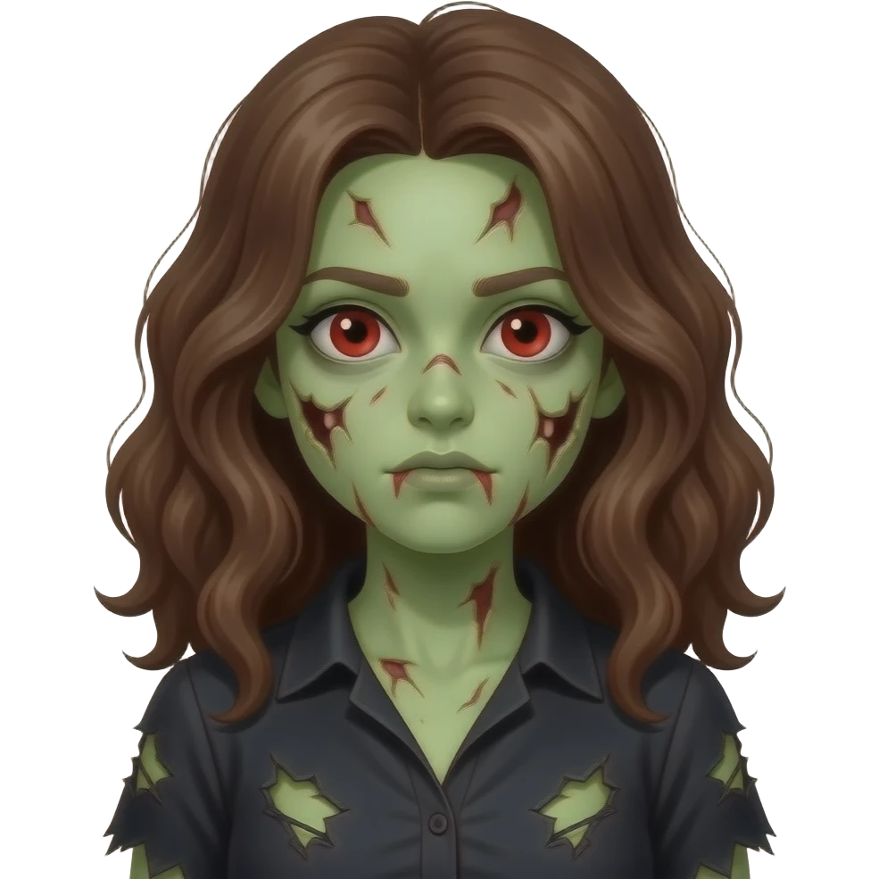 uma menina zumbi de pele verde e estragada com cabelo grande, marrom e ondulado e olhos vermelhos e blusa preta rasgada emoji