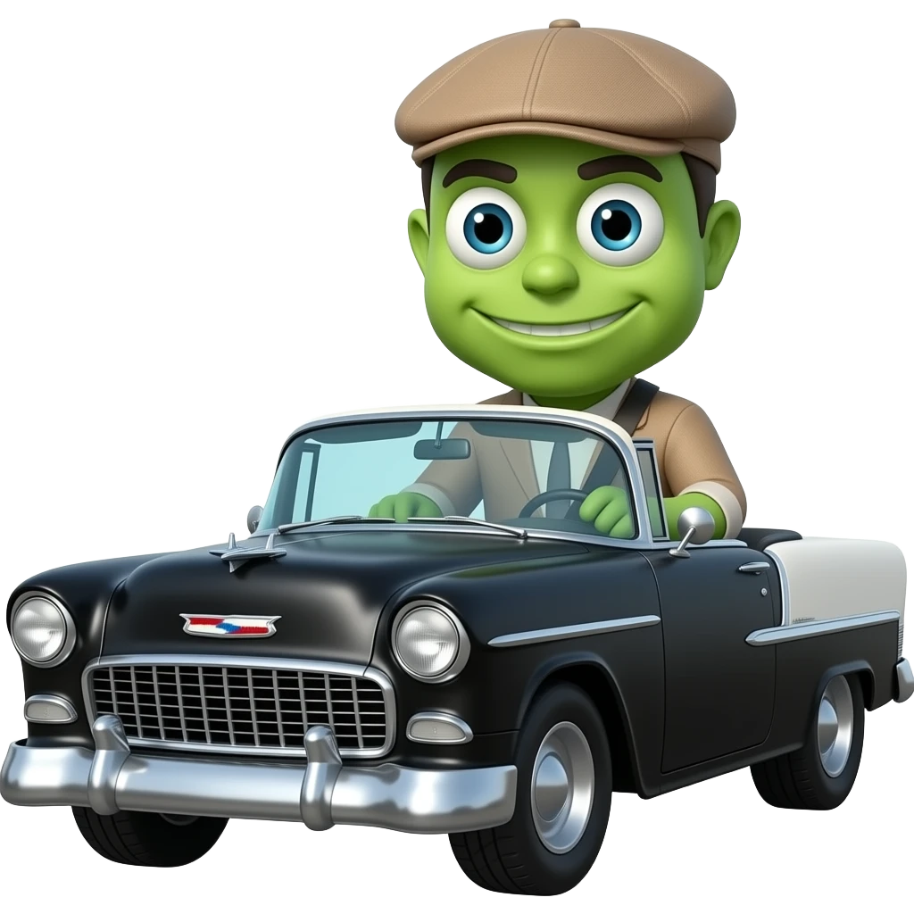 monster with flatcap driving black 1955 chevy 3/4 view emoji