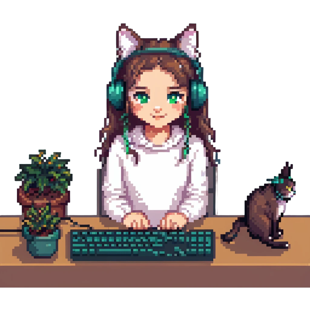 Change the girl to appear Caucasian and portray her as a night coder, with a nighttime background, keeping the pixel art style and cat headphones. Preserve transparent background if possible. emoji