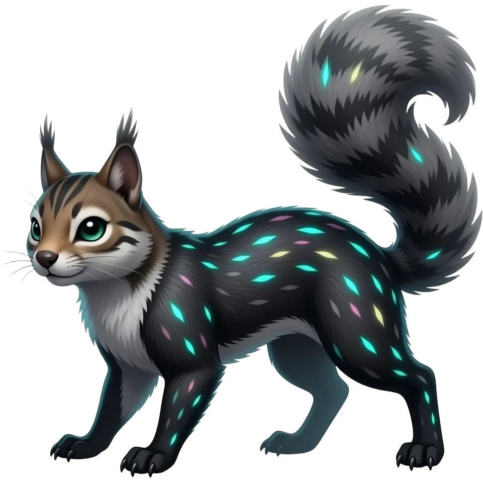 otic shiny sparkly colorful cool realistic cute beautiful dark gloomy ghostly spooky greyish blackish green cyan toned colored fantasy-Squirrel-Cacomistle-tanuki-oncilla-caracal-animal-hybrid (full body) emoji