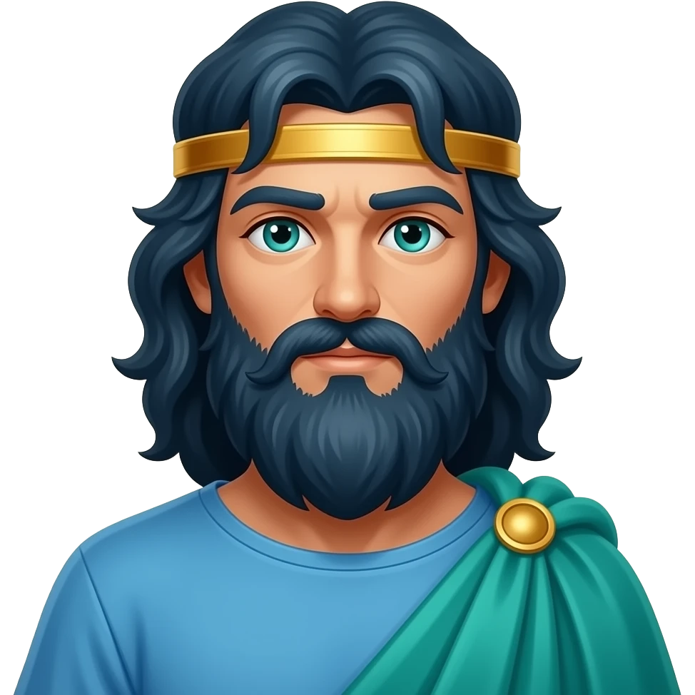 Neptune from Roman Mythology with teal eyes, long blue-black hair and beard, gold diadem, blue linen, sea green cape emoji