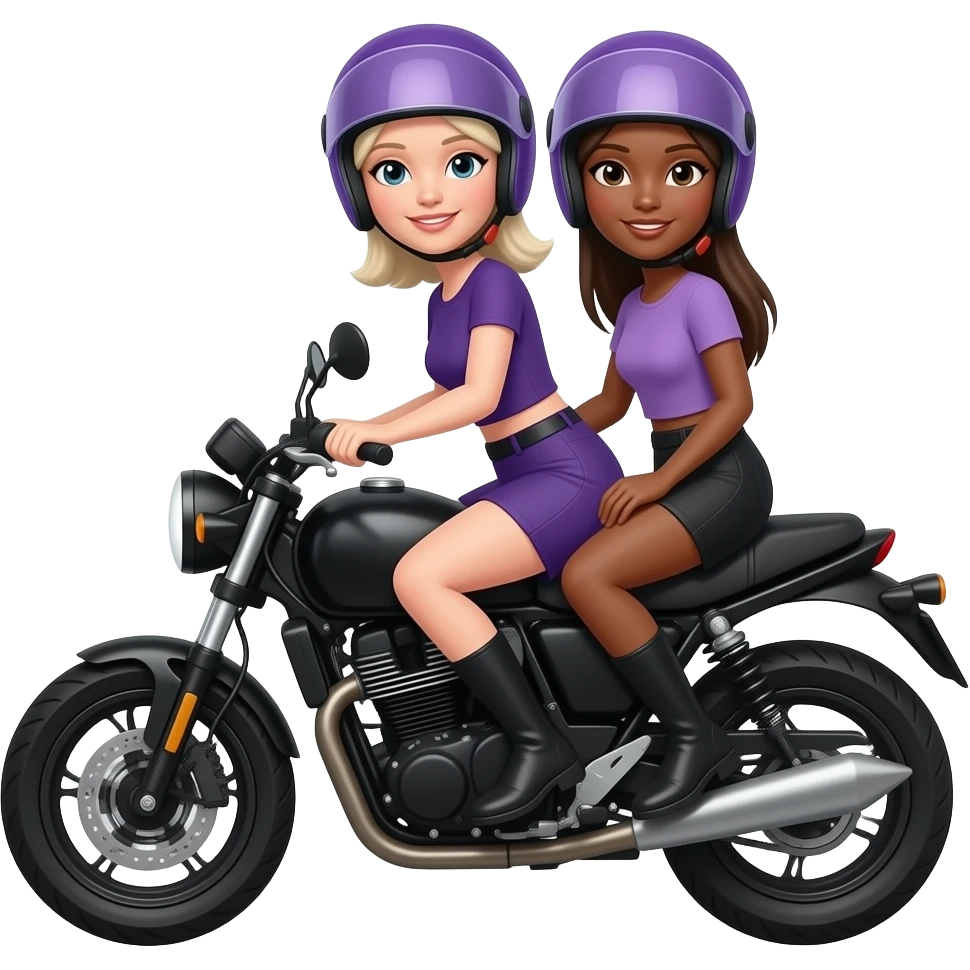 Dos mujeres de twz blanca y morena cabellos lacios en moto negra y cascos morado y lila emoji