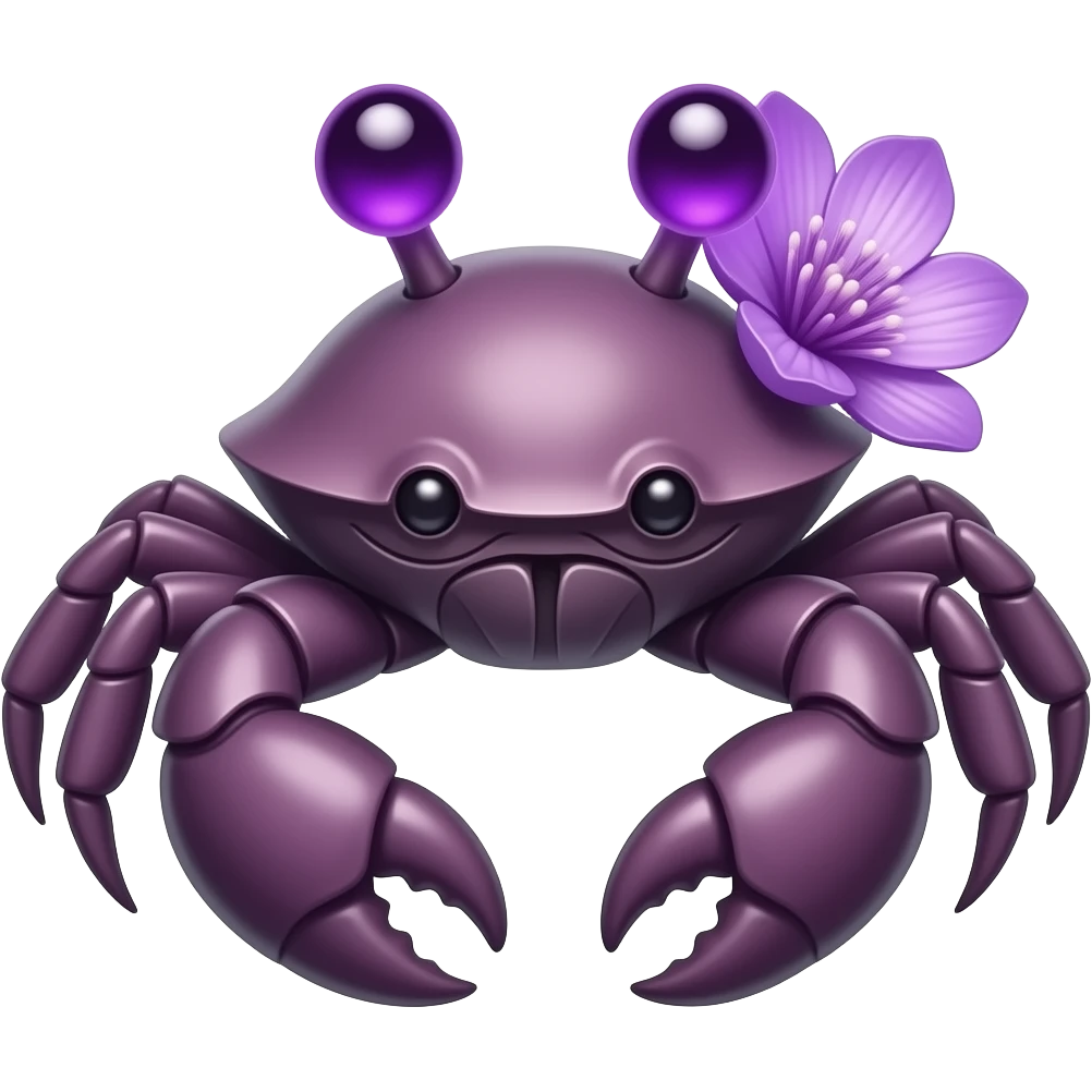 A purple crab with a purple  flower growing on its back on its back purplen eyes glowing eyes facing forward emoji