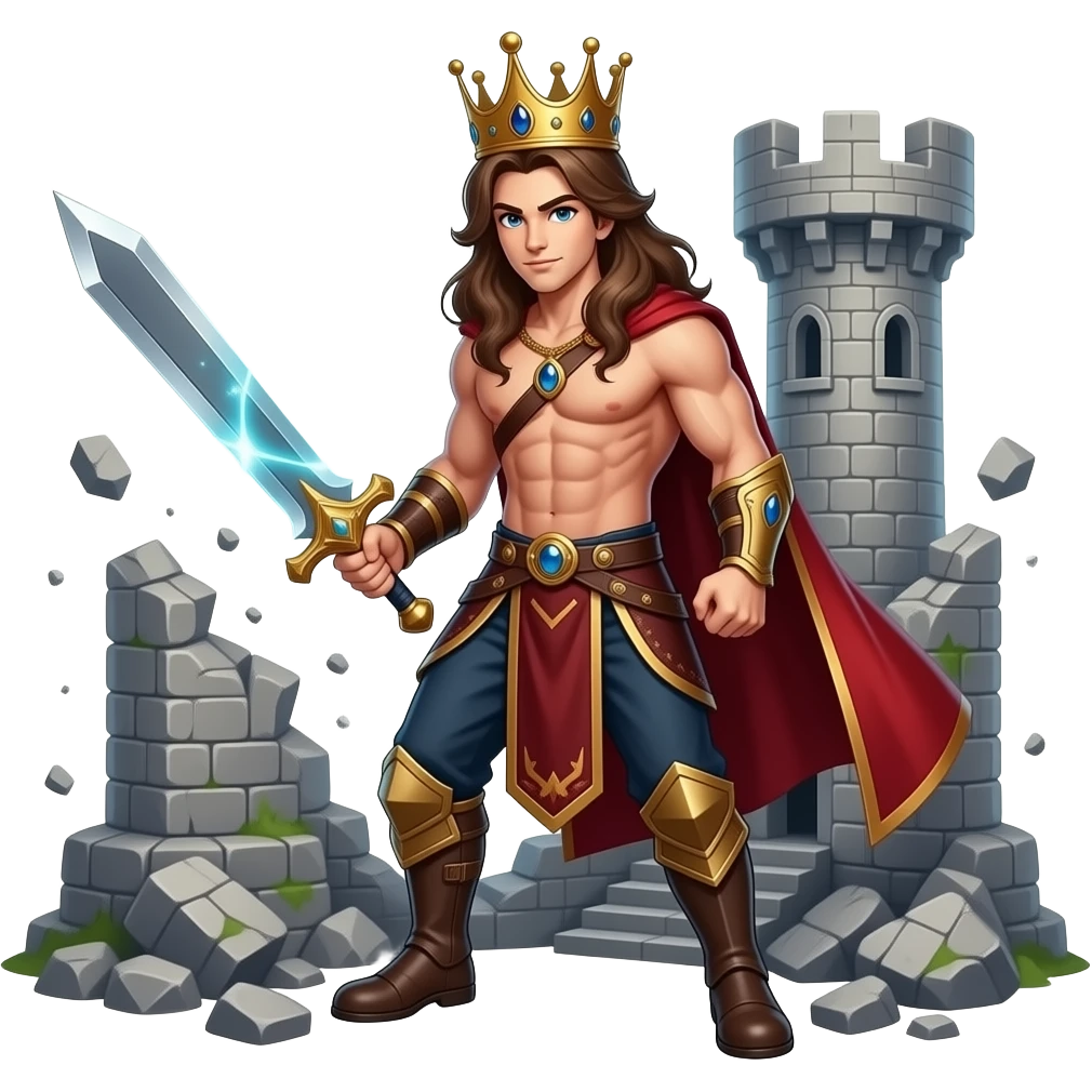 muscular shirtless twink king with extremely long brown hair destroying castle with sword emoji