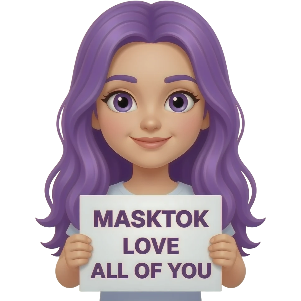 girl with long purple hair holding a MASKTOK LOVE ALL OF YOUsign emoji