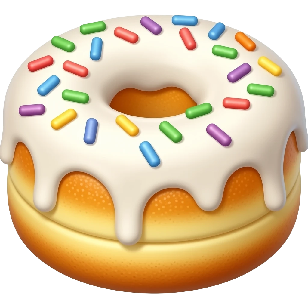 Создай кулич в стиле эмоджи iPhone — это цилиндрообразная, слегка выпуклая форма с мягкой, золотистой корочкой, будто только что из печи. Верхушка украшена белоснежной глазурью, которая стекает по бокам капельками. В центре — разноцветная посыпка: крошечные сахарные шарики. emoji