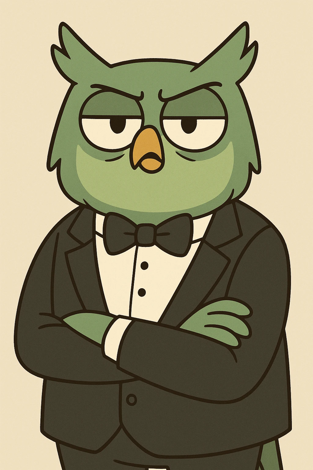 a green owl in a tuxedo, cartoon style emoji
