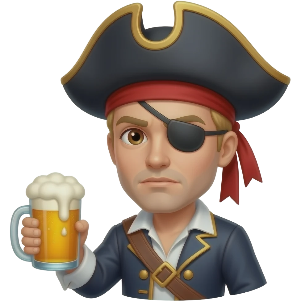 Pirata rubio, ojos cafés, parche en el ojo, gorro garfio con cerveza hombre pelo corto y sin barba con cara sería emoji