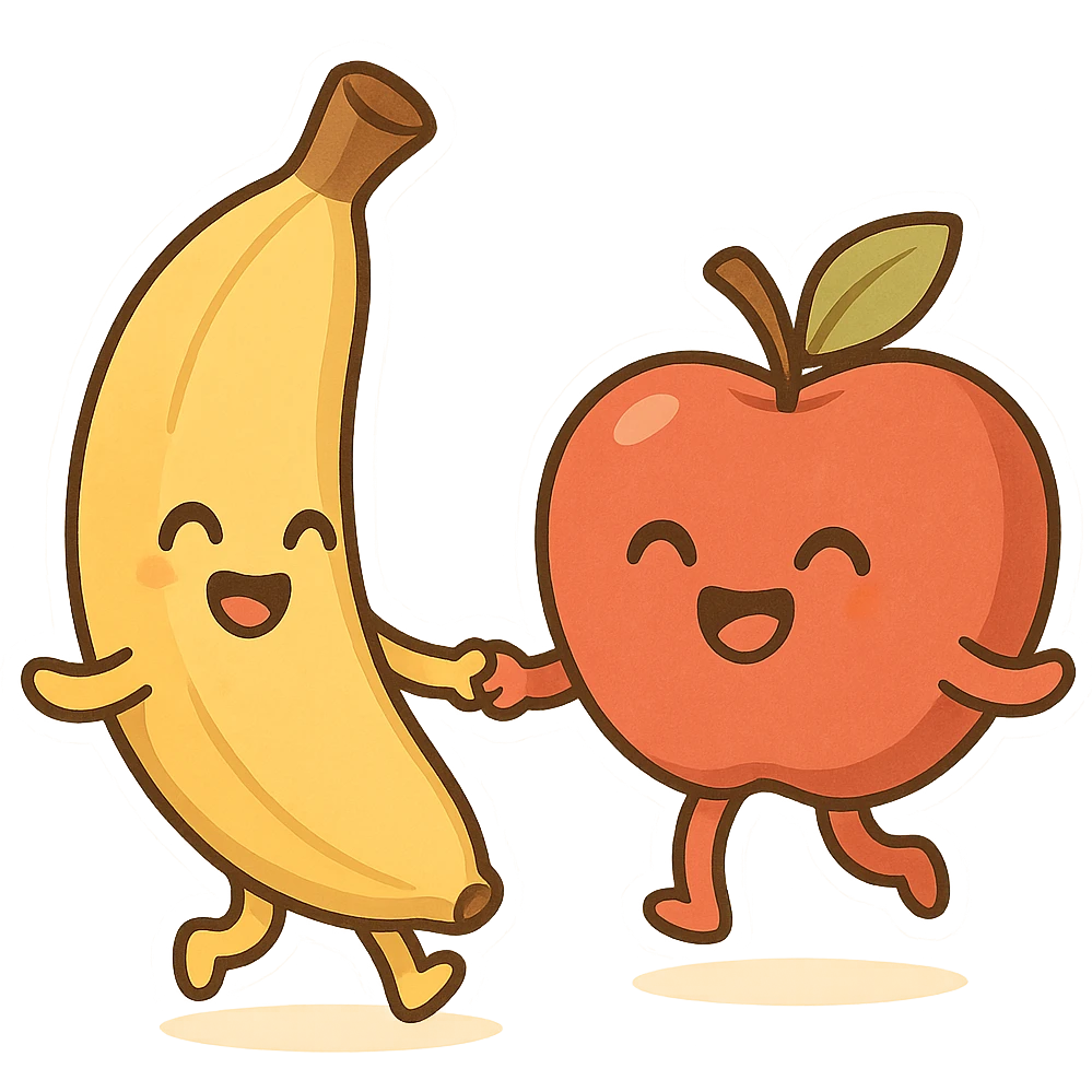 a cartoon banana and apple holding hands and dancing, cheerful, minimal background emoji