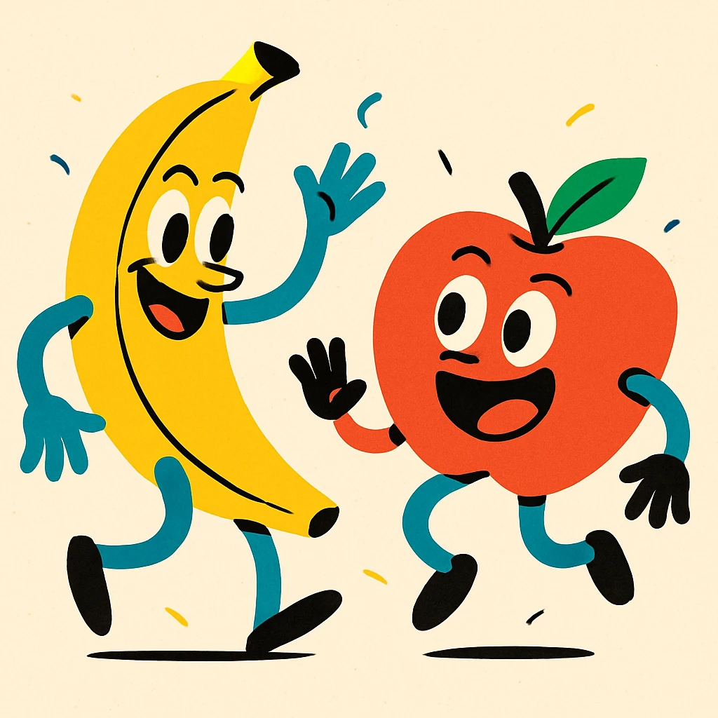 a banana and apple dancing, vibrant toon style, energetic, minimal background emoji