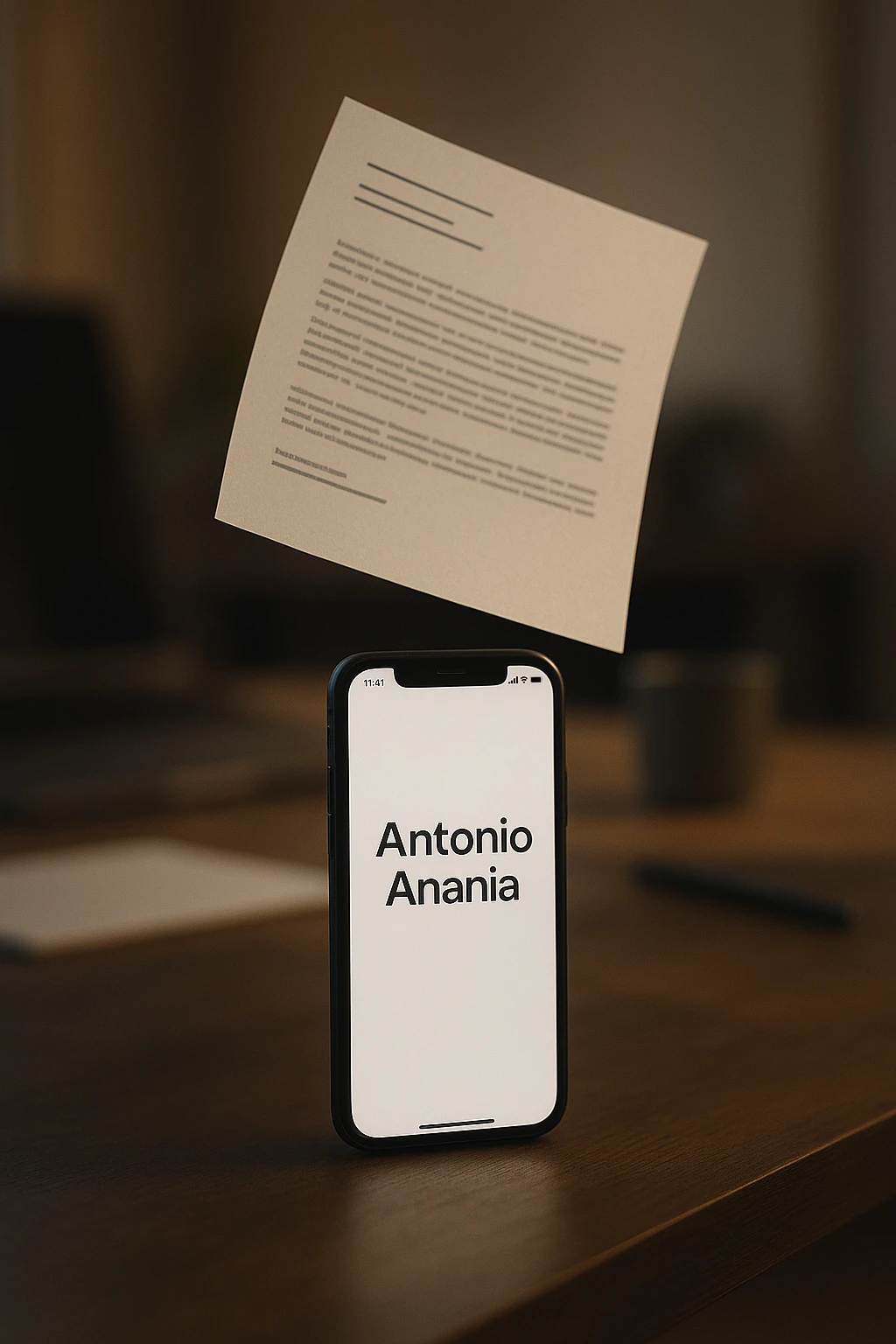 A photo of an iPhone with the message "Antonio Anania" on its screen, hovering over it is another document floating in mid-air, both surrounded by soft light and shadow. The phone sits atop a desk with a blurred background that suggests work environment. A faint glow from above casts gentle shadows across the surface of each object, creating depth and highlighting their textures. emoji