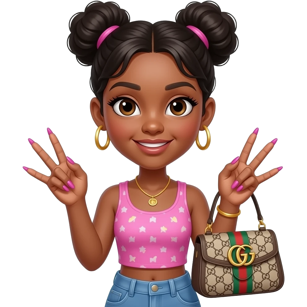 Mature acting 13-year-old black girl with two buns on top of her head, slick back small gold, hoops, and Gucci bag, long nails and being sassy emoji