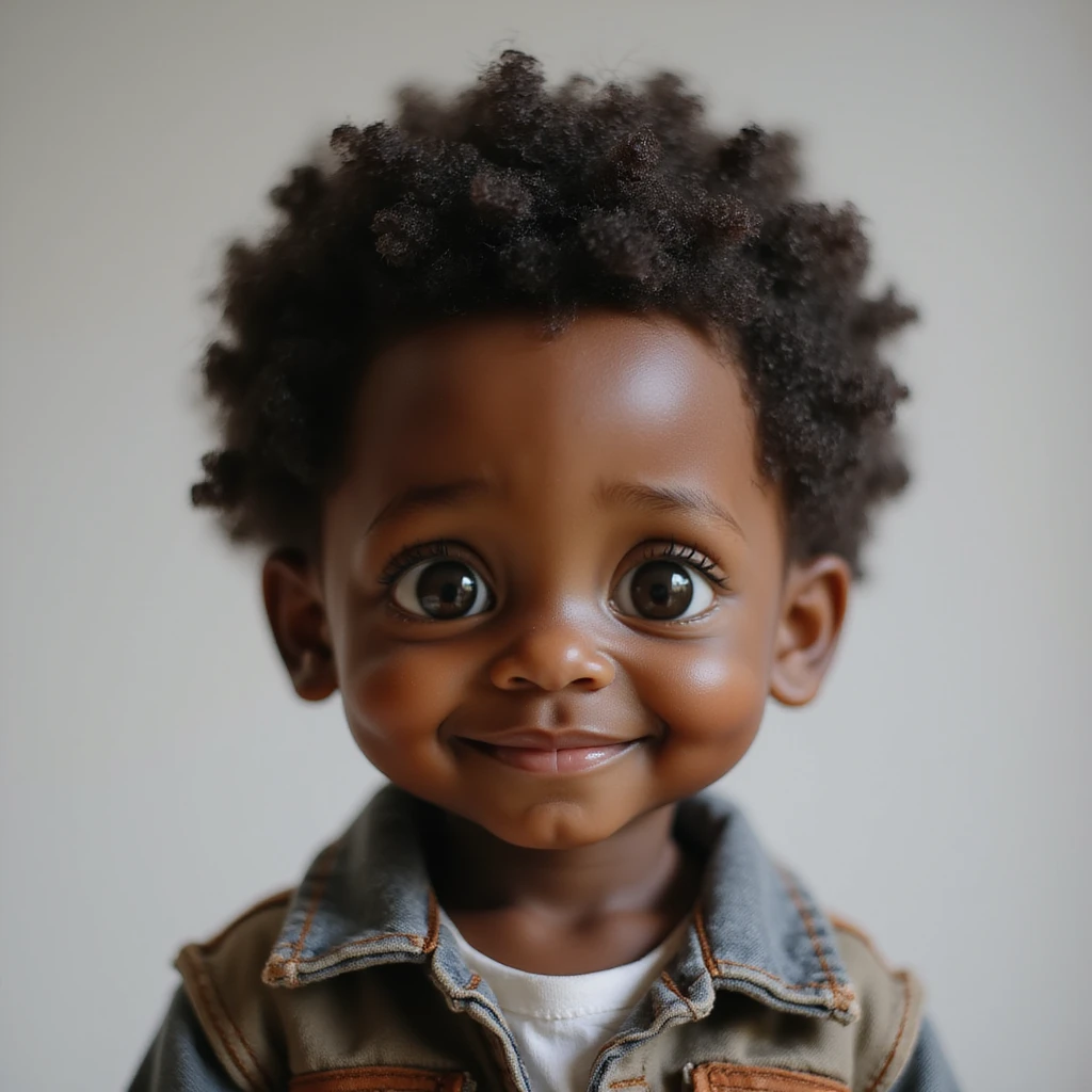 a small realistic black boy with a friendly expression and natural features, lifelike details, natural skin tone, detailed face emoji