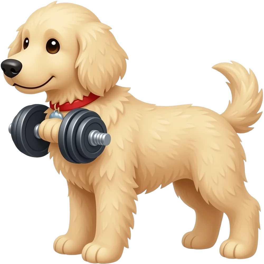 Cream coloured golden doodle lifting weights emoji