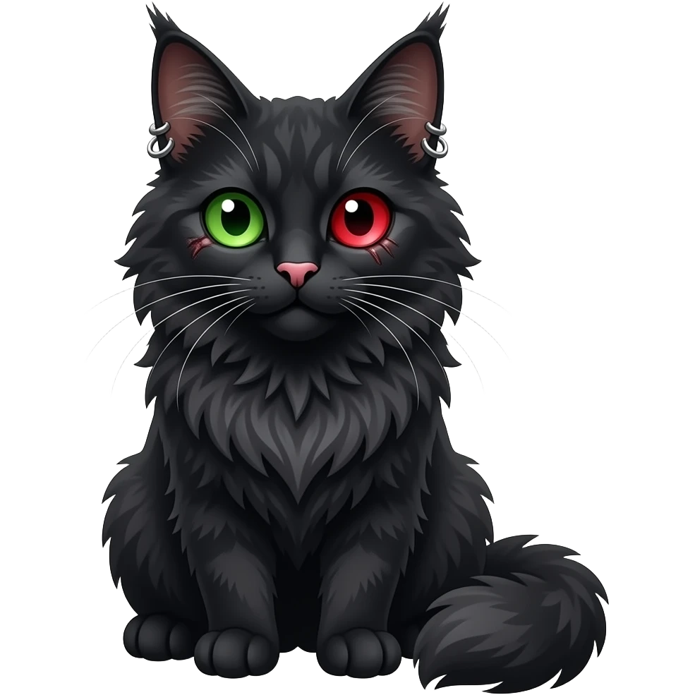 black mainecoon cat with one green eye and one red eye with scar over it and a pink nose and piercings on ears emoji