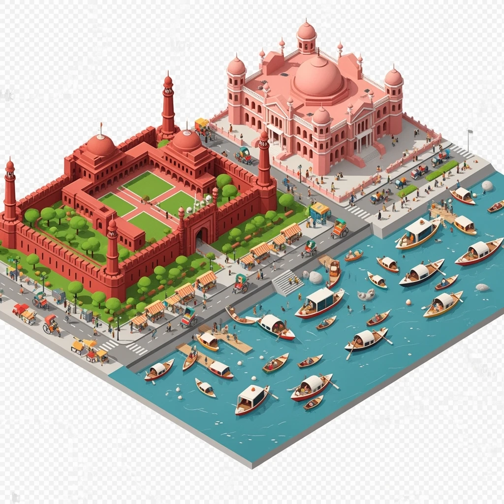 Isometric minimalistic illustration of Dhaka – Lalbagh Fort, Ahsan Manzil, bustling river boats, colorful streets, subtle 3D miniature effect and Tilt Shift effect, no cartoonish look, transparent background. emoji