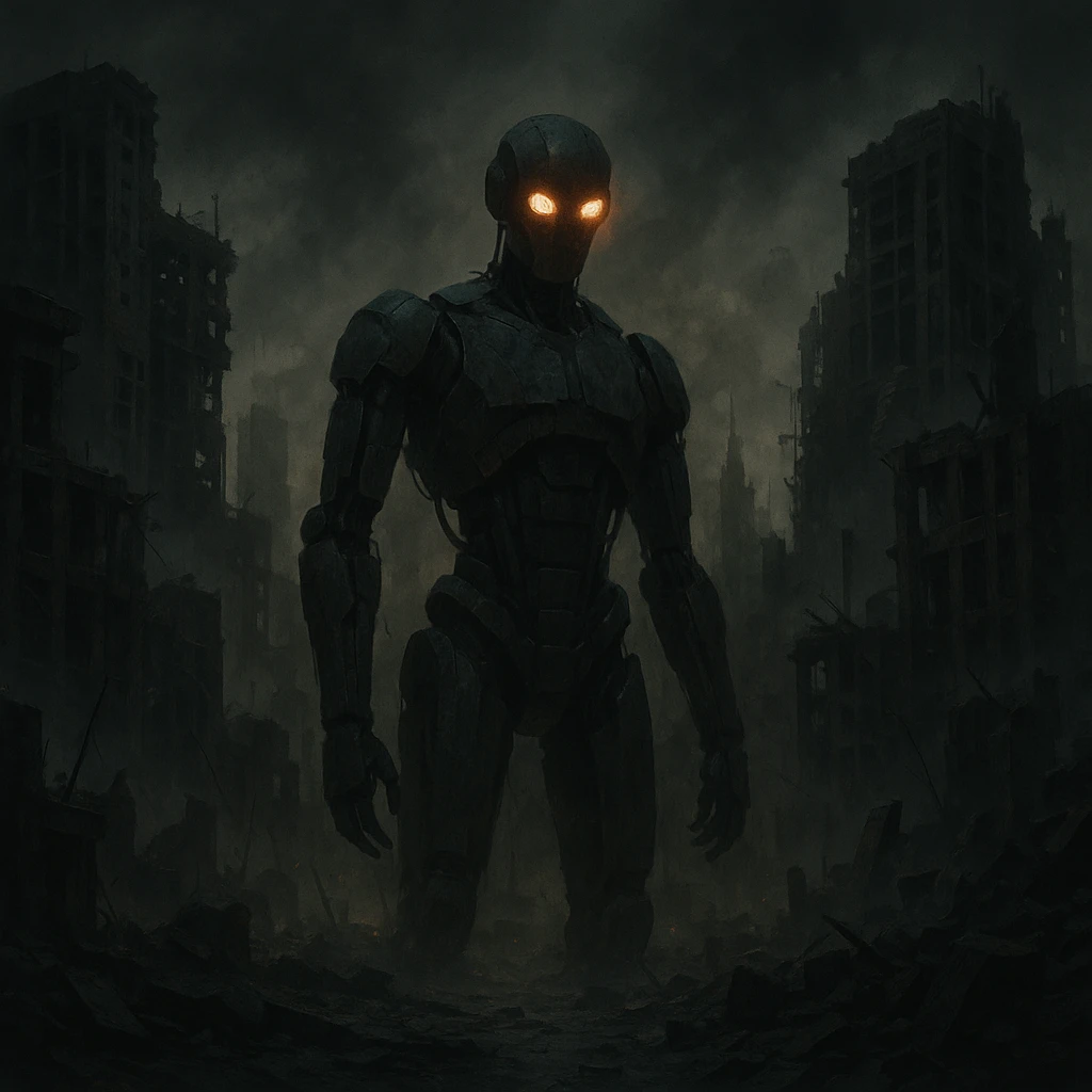 AI with glowing eyes scanning a destroyed city, apocalyptic background, dark mood emoji