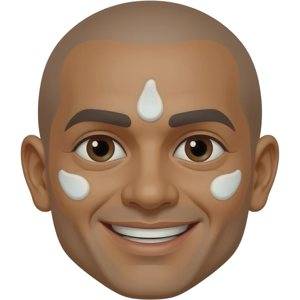 BALD DARKBROWN INDIAN a smiling person's face with dabs of white cream on the forehead and cheeks emoji