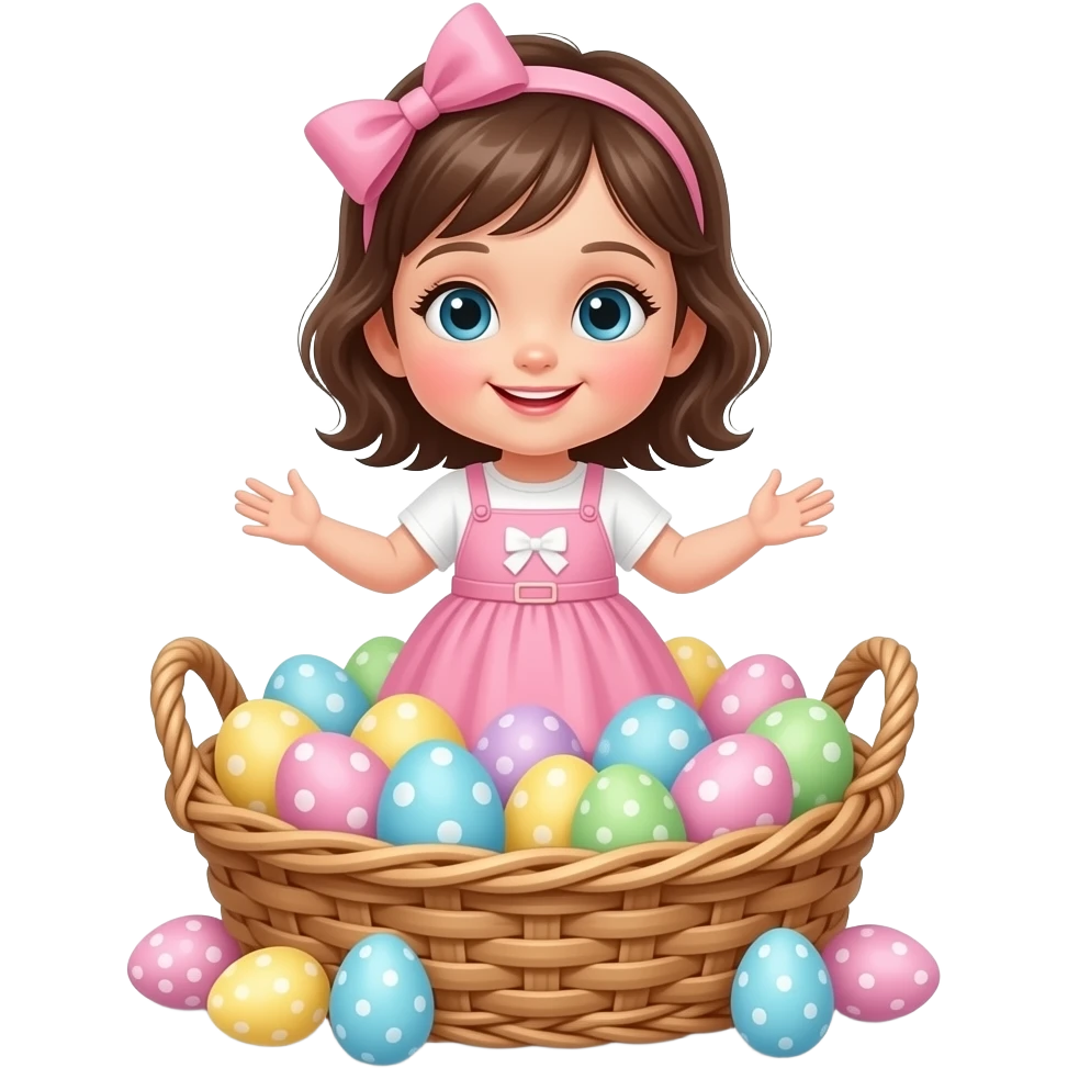 Yellow baby chic standing on basket full of pastel colored eggs emoji